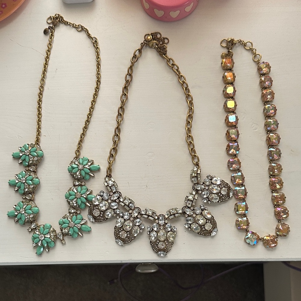 J. Crew Turquoise/Green, Silver Crystal/Pink Iridescent Statement Necklaces (3)